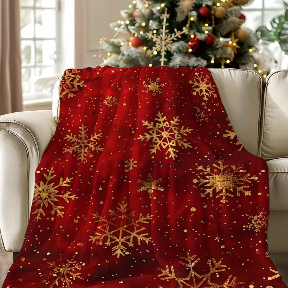 Cozy Vintage Christmas Blanket with Golden Snowflakes - Soft, Warm Flannel Throw for Naps, Camping, Travel & Home Decor