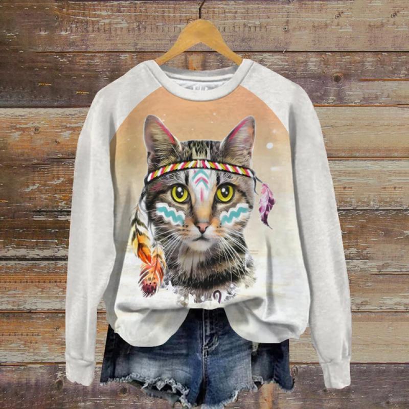 Женские топы с круглым вырезом, забавный милый кот, Повседневная толстовка с принтом Kawaii, пуловер с рисунком животных, женская одежда