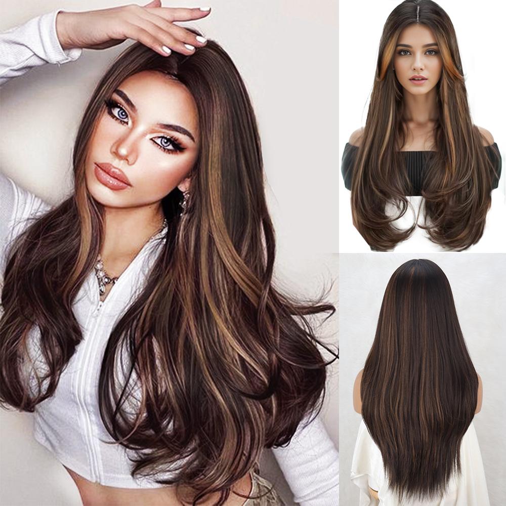 MISS WIG Синтетический длинный коричневый волнистый парик Коричневые парики для женщин 24-дюймовый парик средней части Натуральный парик для замены волос для ежедневного использования в косплее