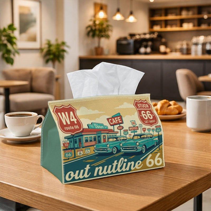 1pc Retro Vintage Americana Tissue Box, Route 66 Car Illustration Perfect for Outdoor Gatherings, Daily Desktop Use, And Suitable for Bedrooms, Living