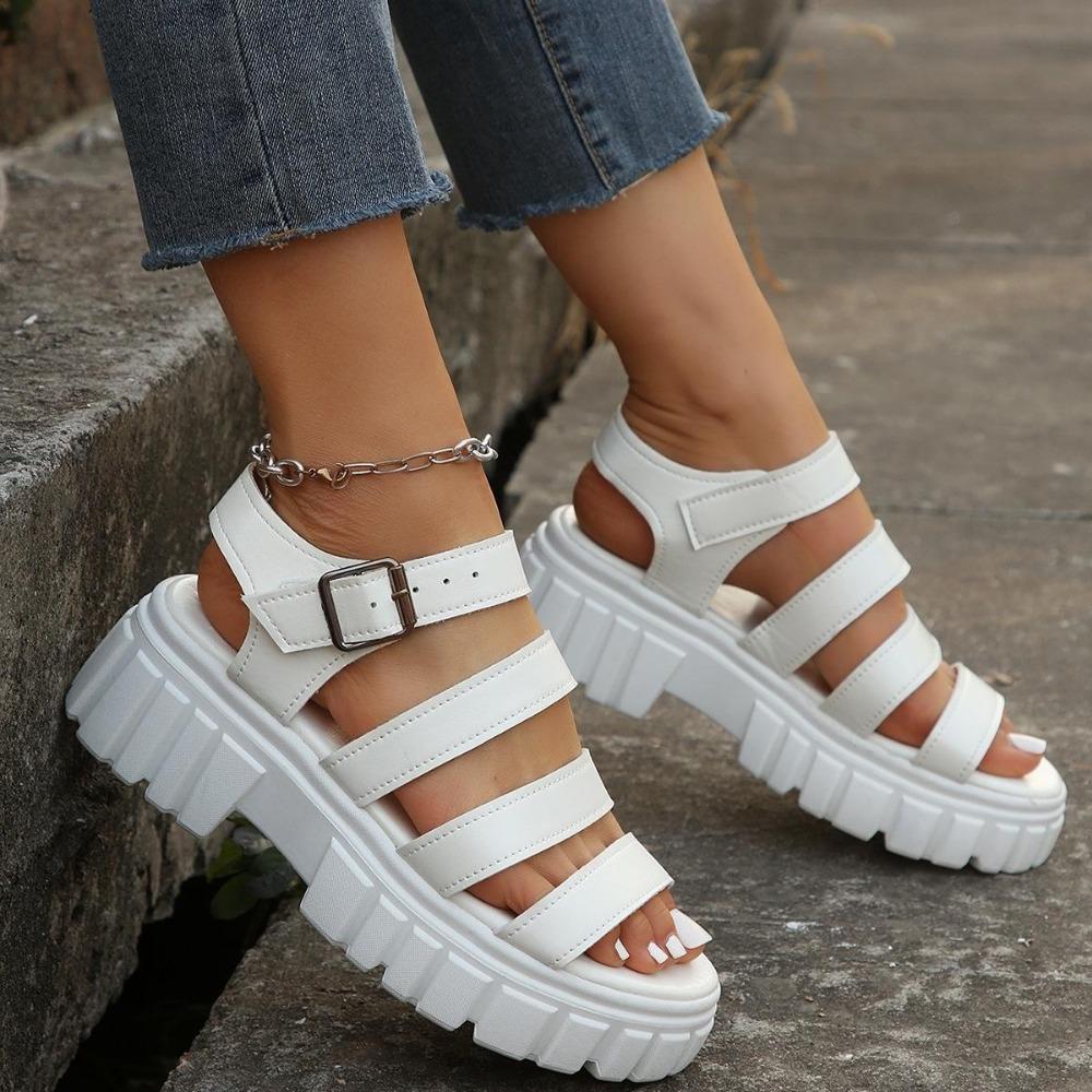 Летние белые сандалии для отдыха на толстой подошве, женские открытые римские сандалии для девочек