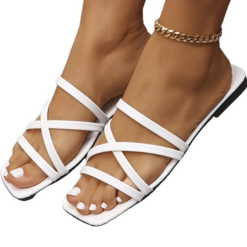 Женские шлепанцы на плоской подошве с одной лямкой большого размера, однотонные, с квадратным носком, повседневные, летние