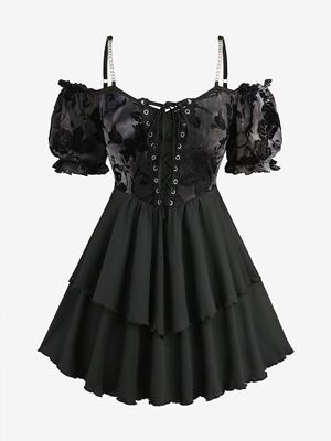 Rosegal Plus Size рукава-фонарики Цветочная сетка Флокированная Tie Dye шнуровка оборки Многослойный топ-комбинация с цепочками