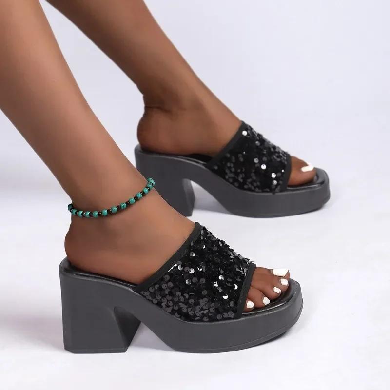 Women's Open Toe High Heel Sequins Solid Outdoor Fashion Mature Clip Toe Thick Heel Casual Matching Women's Slippers Slip On