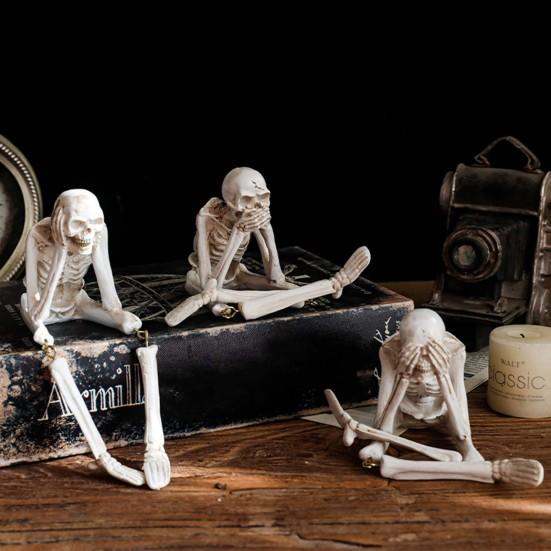 Украшения в виде скелета на Хэллоуин, сидящие фигурки черепов из смолы, подвижные суставы, статуэтки из костей скелета, реалистичное украшение для дома, книжной полки, стола