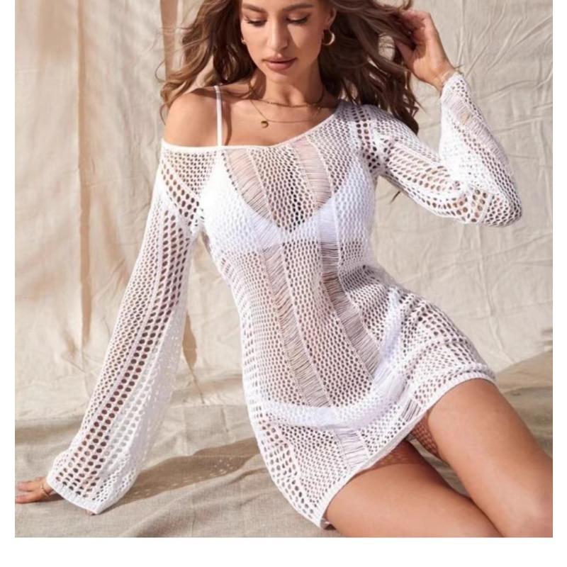 Summer Women's Beach Cover-up Hollow Knit Long Sleeve Backless Sunscreen Bikini Swimsuit Sexy Cover-ups