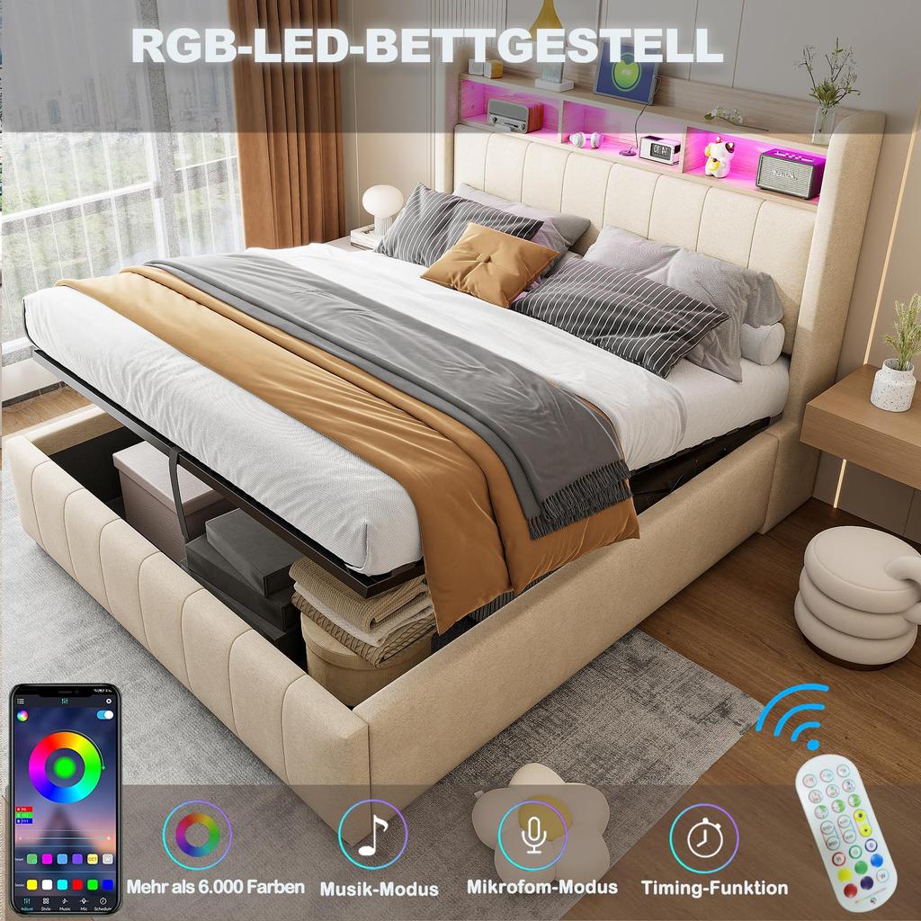 Polsterbett 140x200 cm, LED-Beleuchtung, USB-Anschluss, Kopfteil mit Aufbewahrung, hydraulisches System, stabiler Metallrahmen, Leinen, Beige