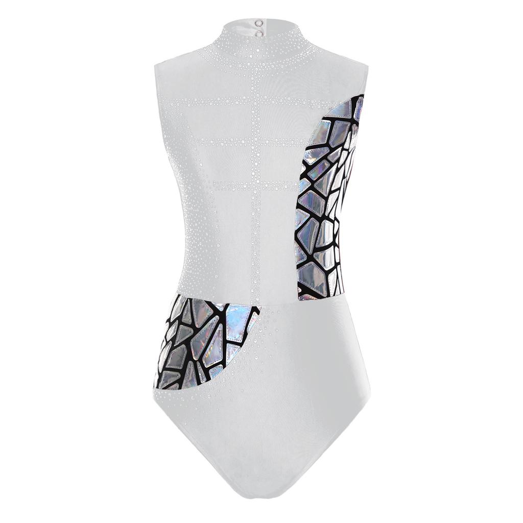 Womens Rhinestone Dance Leotard Sleeveless Cutout Back Metallic Sequins Figure Skating Bodysuit Gymnastics Performance Wear