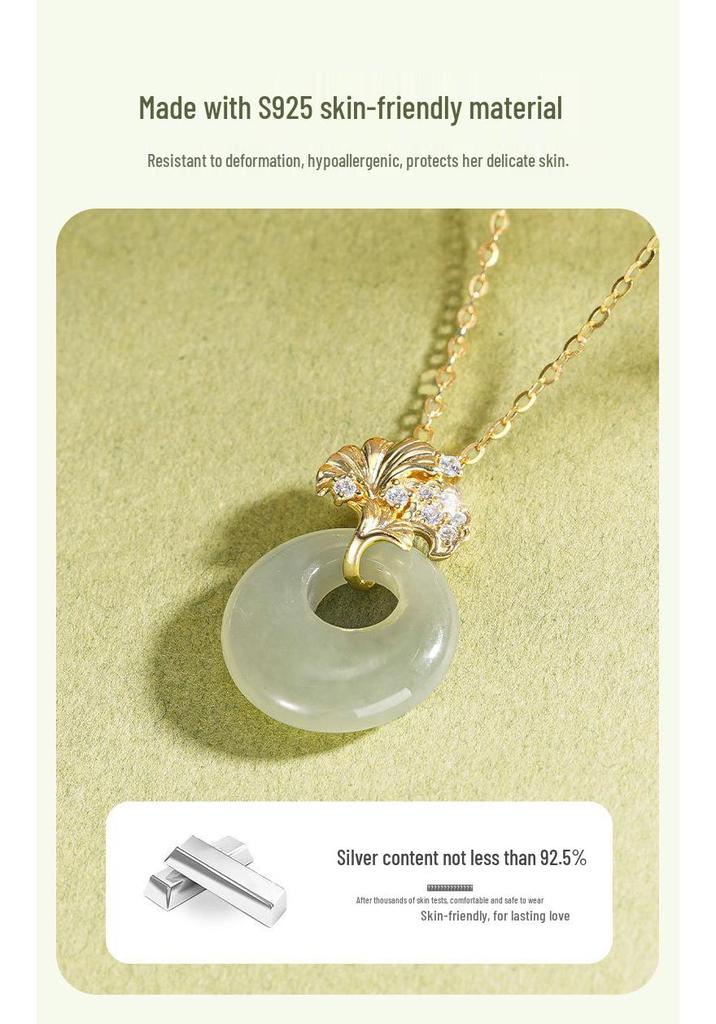 Teqia Women's S925 Sterling Silver Ginkgo Leaf Necklace with Hetian Jade Pendant