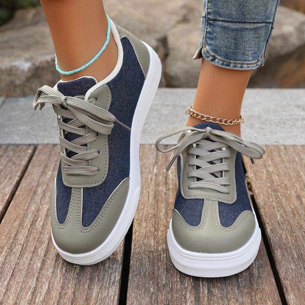 Casual Single Shoes Women's Large Size Round Head Lace-up Denim Splicing Sports Shoes Flat Bottom Shallow Mouth 24 New Women's Shoes