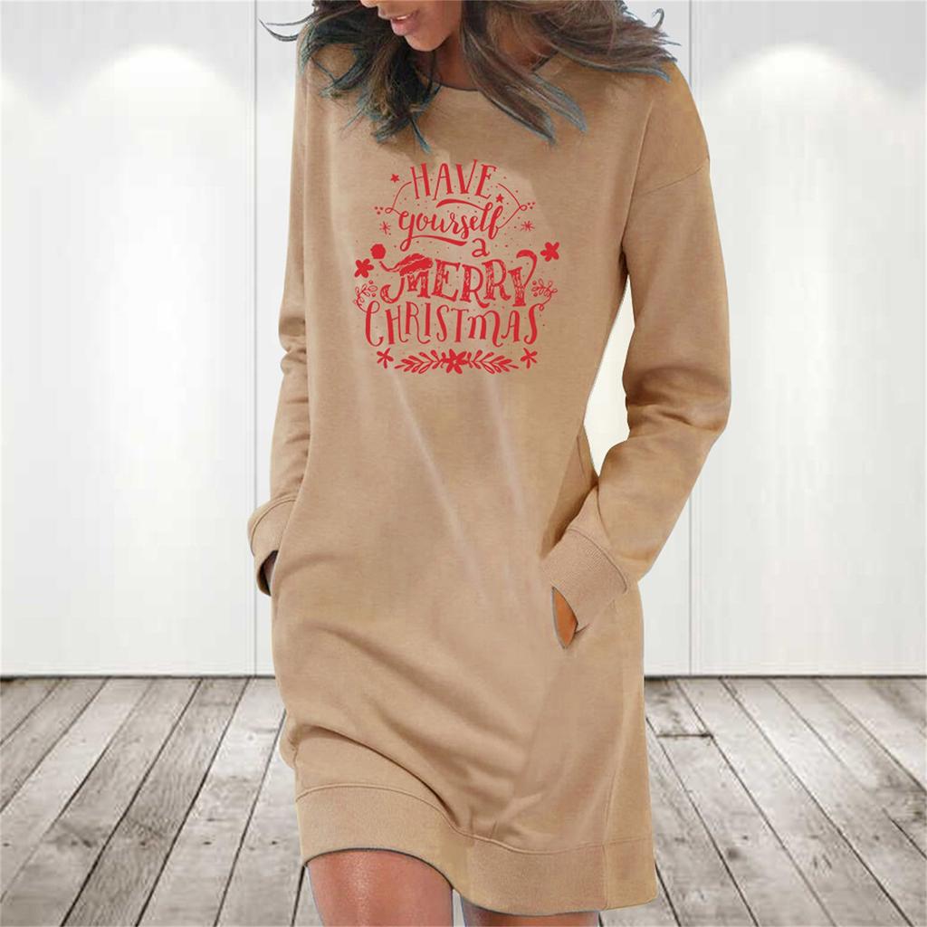 Women's Fashion Christmas Printed Pockets Long Sleeve Pullover Dress