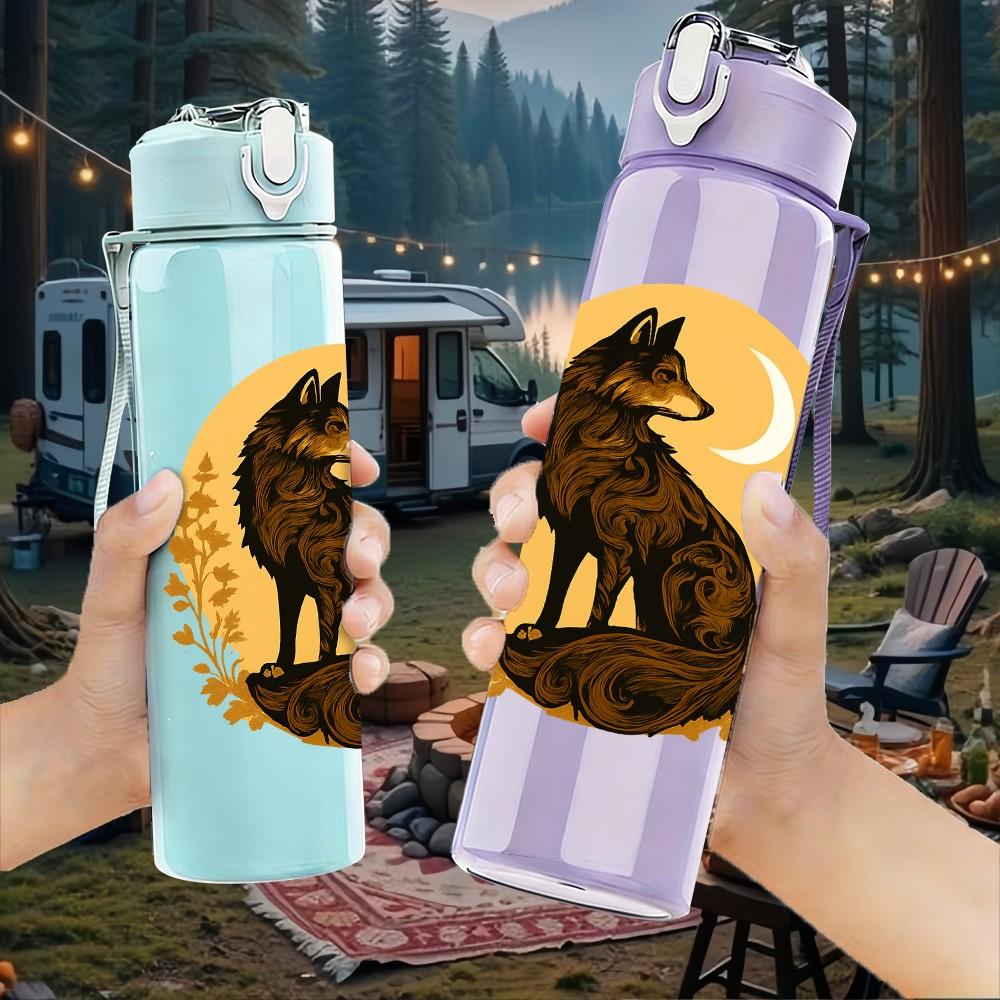 1PC Night Moon Wolf Art 750ml Color Plastic Sports Water Bottle Leakproof Flip Straw Lid Suitable for Sports Office Home Use