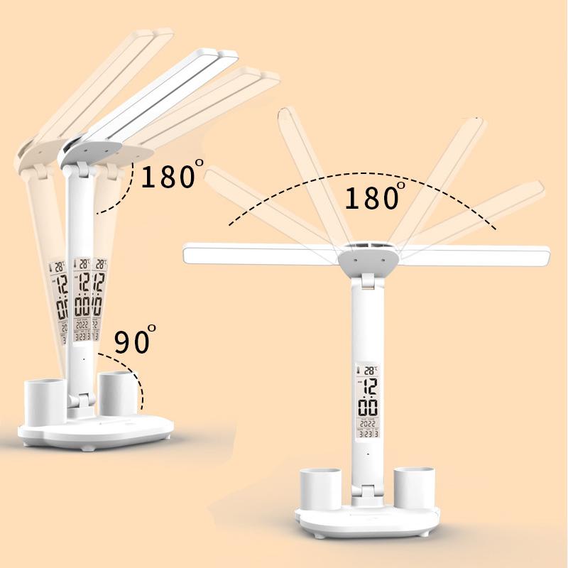 LED Stol Chirog'i USB Dimmerlanadigan Sensorli Buklanadigan Stol Chirog'i Kalendar, Harorat Soati, Kechki Chiroq bilan O'qish uchun O'qish Chirog'i