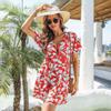 GMXIA Женская мода лето весна цветочный принт с коротким рукавом V-образным вырезом с высокой талией повседневные платья
