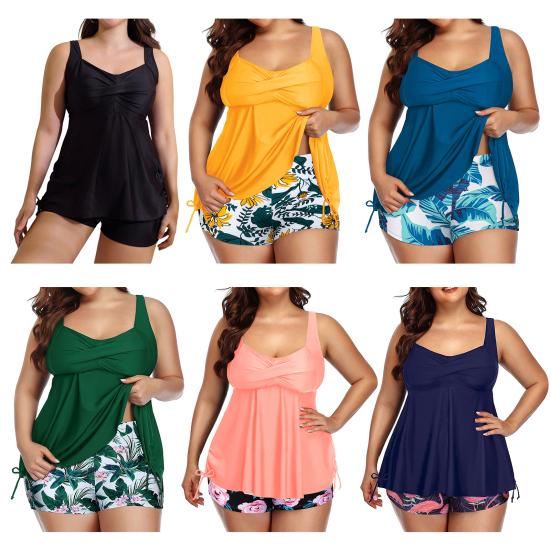 2 шт./комплект купальник без рукавов с глубоким вырезом эластичный с высокой талией плюс размер купальный топ с цветочным принтом шорты комплект купальный костюм купальный костюм для отдыха на воде спортивный комплект