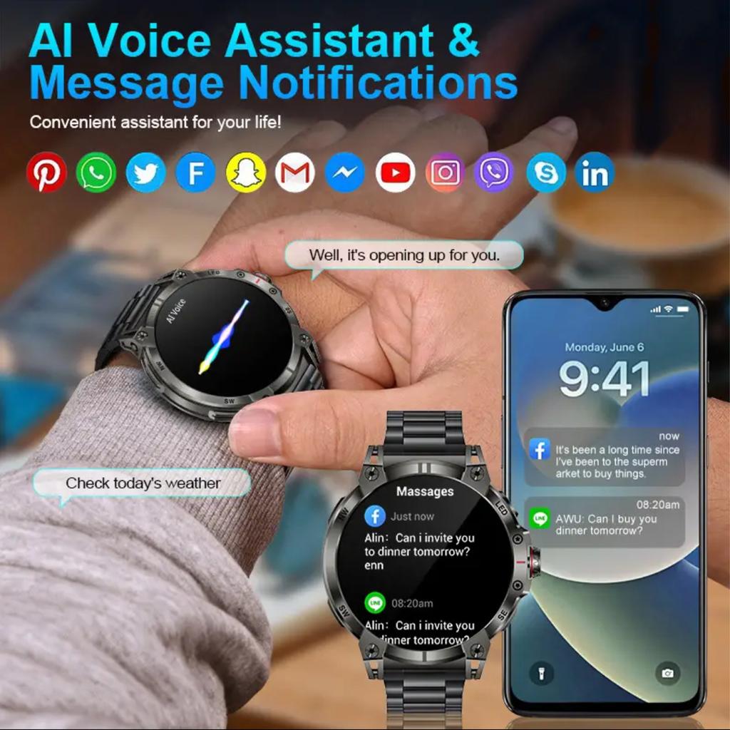 2025 New Outdoor Smart Watch Men 600mAh LED Flashlight SmartWatch Compass Bluetooth call Heart rate IP 68 Sports Smartwatch 5ATM