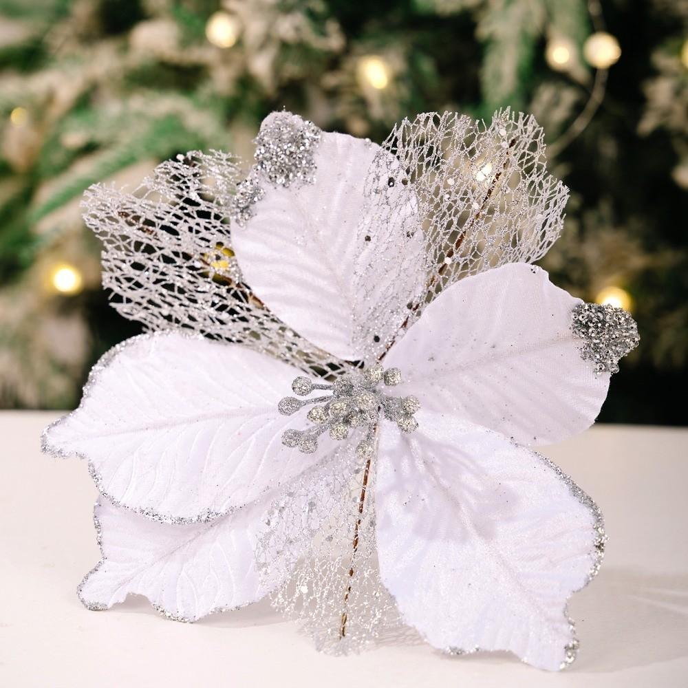 New 26CM Artificial Poinsettia Flower Sequins Sparkling Simulation Flowers Glitter Christmas Glitter Flower New Year Festival