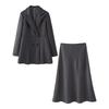 Womens Double-Breasted Blazer Skirt Set Solid Gray Long Sleeve Office Chic Streetwear Outfit
