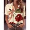 Women Casual Short-Sleeve Shirt Red Cherry Light Pink Ribbon Floral Pattern Button-Up Top