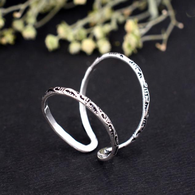 Dainty Scrollwork Double Band Ring | Adjustable Silver Knuckle Ring | Oxidized Pattern Mid-Finger Splint Jewelry | Boho Statement Gift