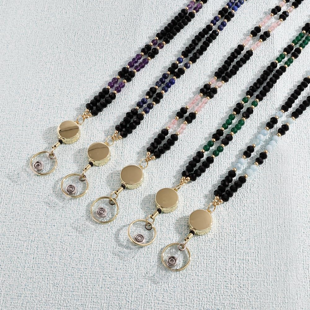 Lanyards for ID Badges for Women Cute,Teacher Lanyard for Women Retractable Natural Crystal Beaded Lanyards for Keys