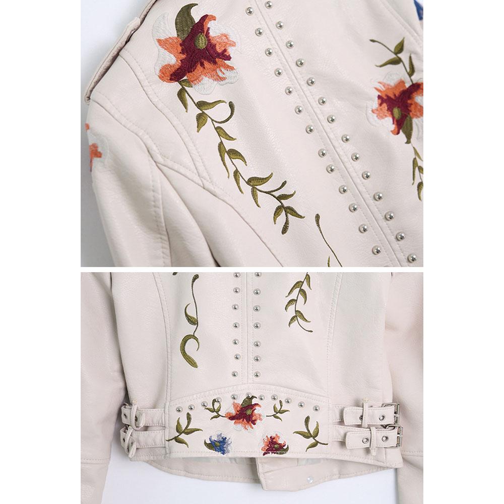 Women's Spring and Autumn Temperament Embroidered Rivets Women's Slim PU Heavy Metal Leather Short Jacket for Women