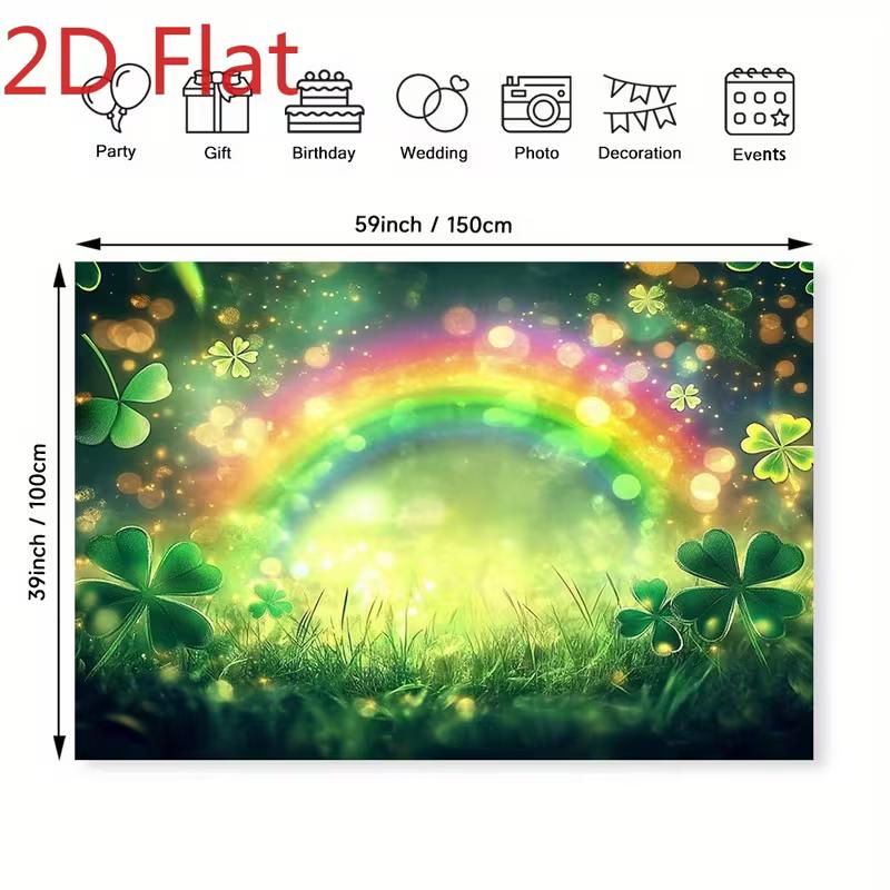 2D St. Patrick's Day Backdrop, Green Clover & Glitter Rainbow Photography Banner