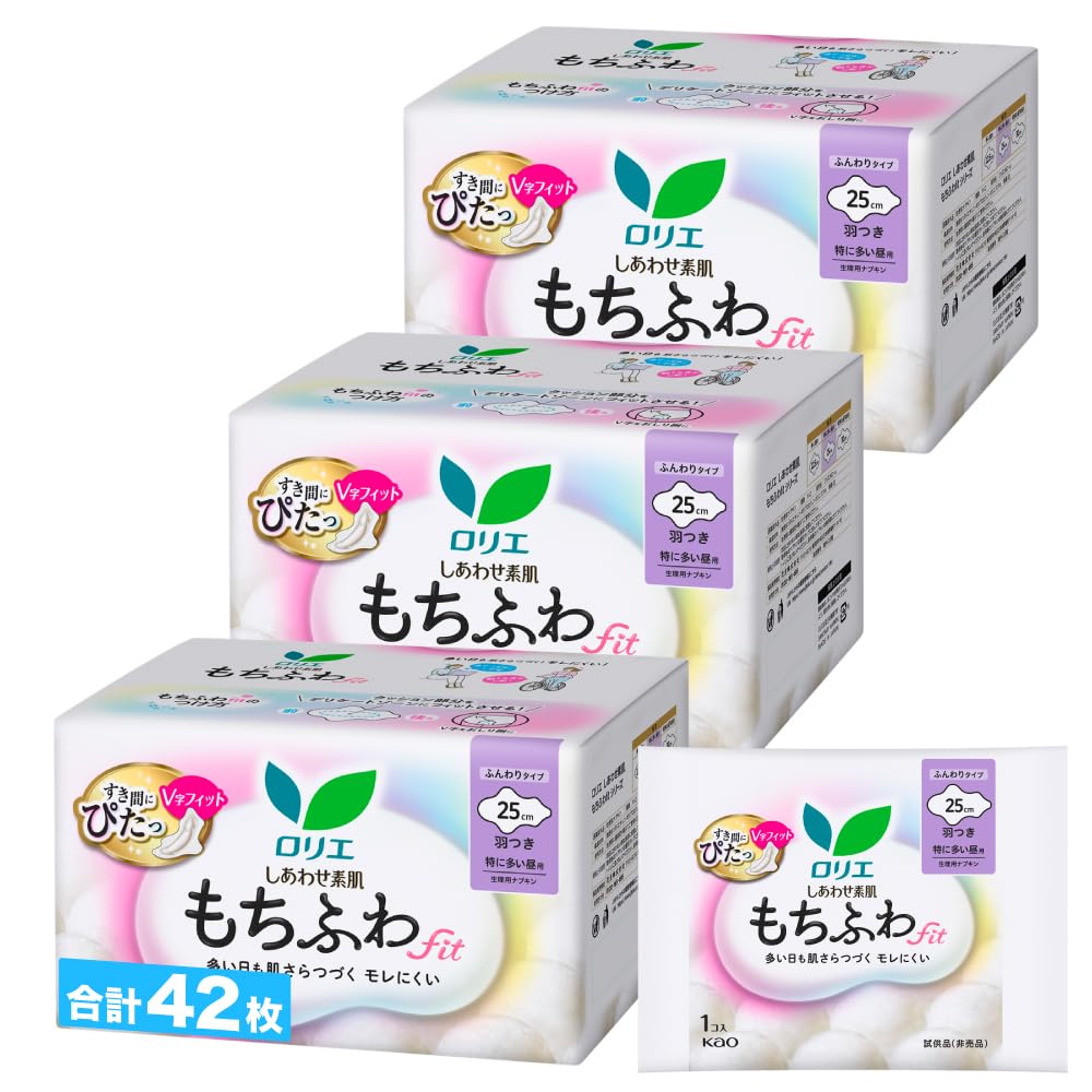 Laurier Happy Skin Mochi-Fuwa Fit Sanitary Pads with Wings, Extra Heavy Flow Day, 25cm, 42 Pads (14 x 3 Sets) with Bonus Item