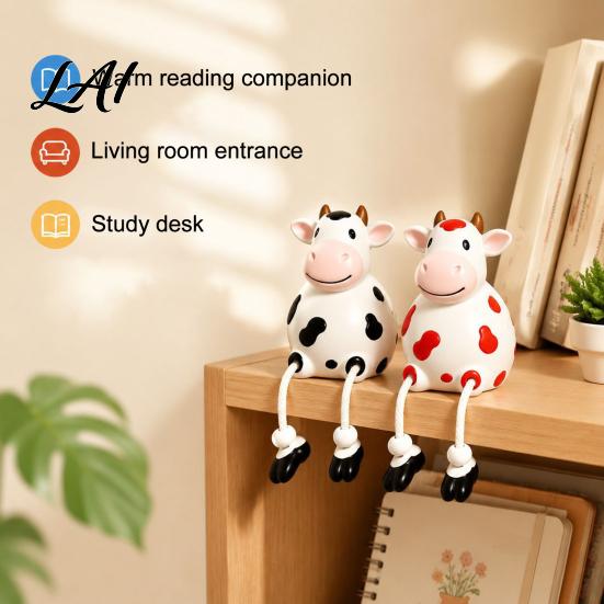 Resin Animal Statue Cow Statue Cute Shelf Sitter Figurine with Dangling Rope Legs Whimsical Courtyard Cartoon Farmhouse Ornament for Fence Railing