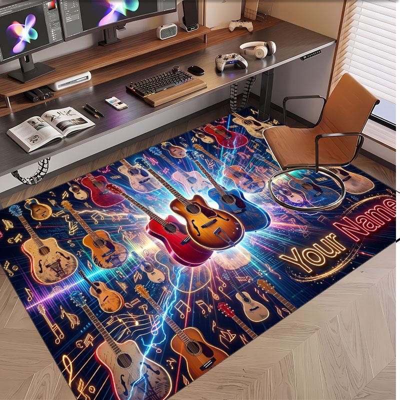 Music Guitar Theme Soft Crystal Velvet Rug Custom Name & Text Print Non Slip Floor Rug for Bedroom Living Room