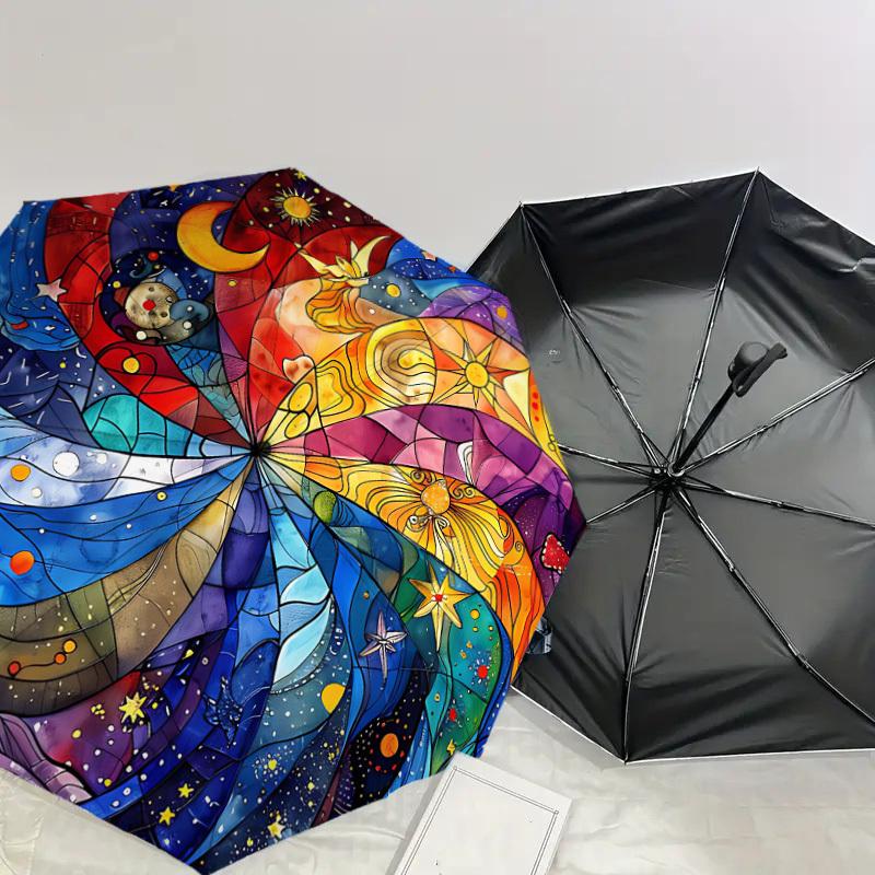 1PC Stained Glass Mandala Automatic Open/Close Umbrella with Windproof, 8-Rib Sturdy Canopy, Durable Ribs, Fashionable Design,1255A
