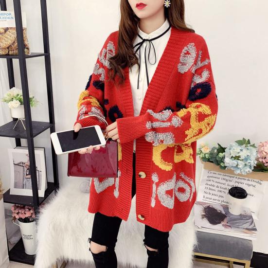 Осень-зима женский свитер пальто с буквенным узором подходящего цвета свободный толстый вязаный однобортный кардиган средней длины с длинными рукавами женский уютный свитер