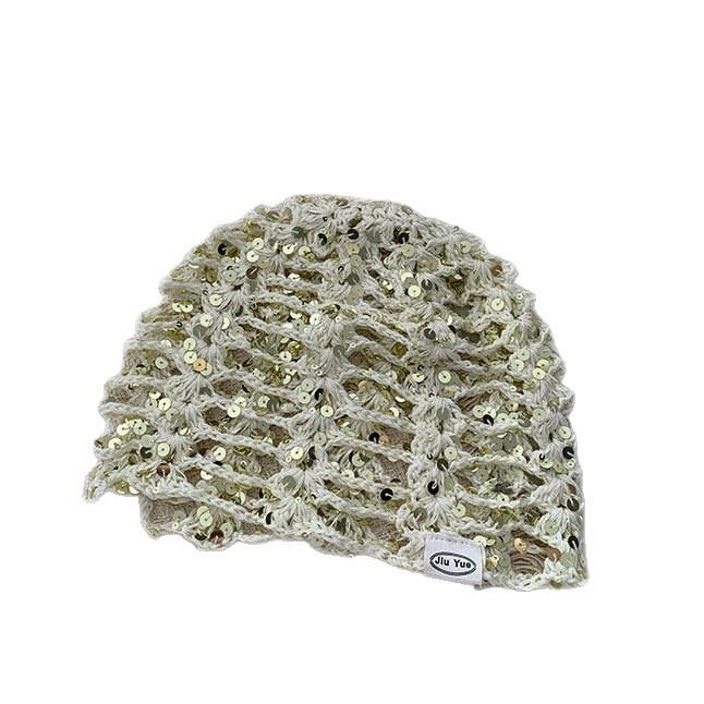 Adult Hair Cap Hollow Bag Head Hat Solid Color Knitted Mesh Hat Fashion Sequin Concave Fishing Net Headscarf Hat