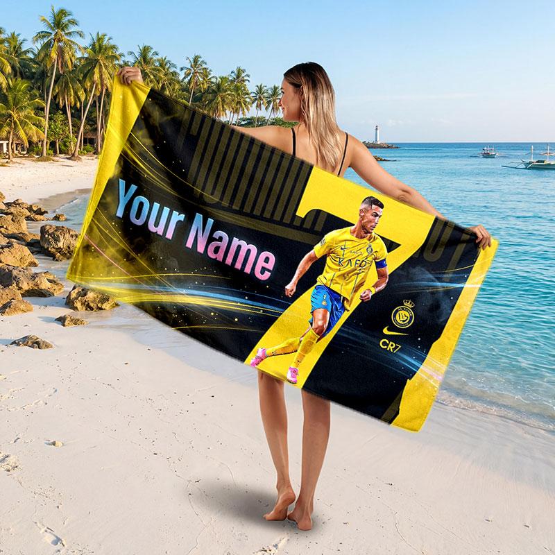 Cristiano Ronaldo Custom Beach Towel, Personalized Name Text Print, Football Logo Soft Quick‑Dry Towel Holiday Gift