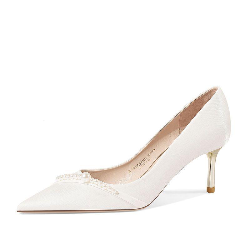 Модные туфли-лодочки на каблуке, белые туфли для женщин 2024 года, женская летняя обувь, жемчужные туфли на высоком каблуке, свадебные туфли для невесты Stilito, качественные, стильные, A