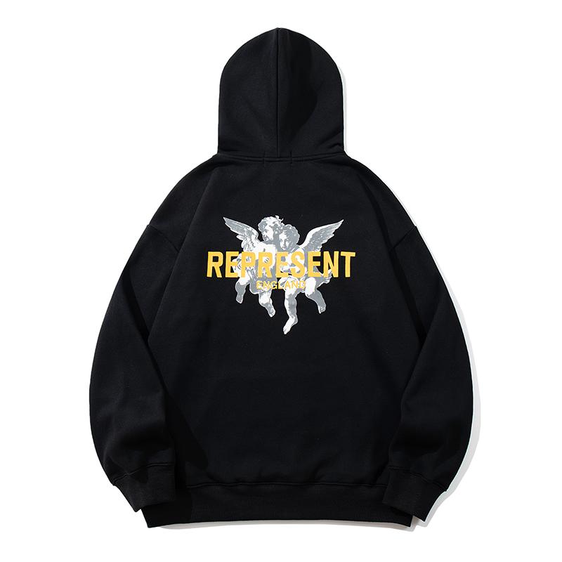 Men Unisex Oversized Angel Graphic Hoodie Black Pullover Hooded Sweatshirt Vintage Washed Loose Fit High Street Streetwear Top