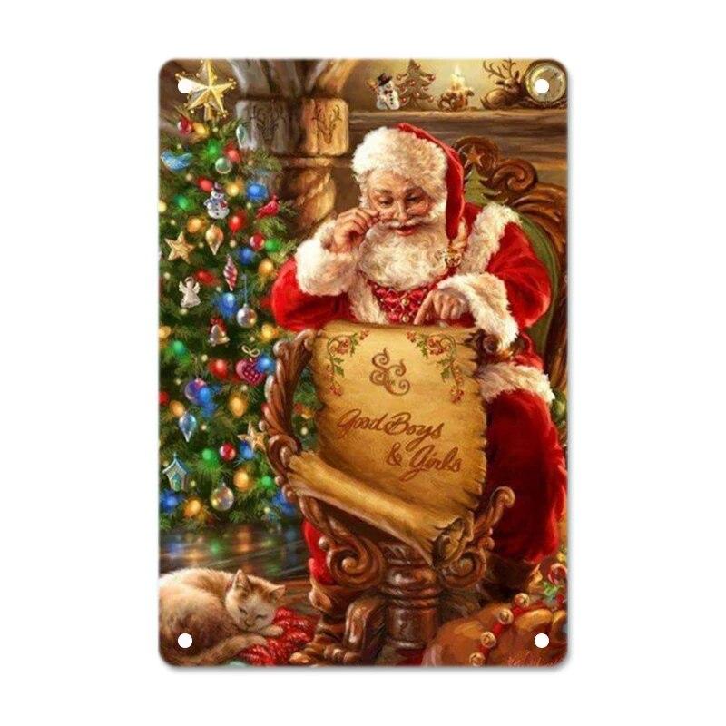 Merry Christmas Posters Tin Sign Cute Snowman and Santa Claus Metal Plaque Wall Art Decor Christmas Gift