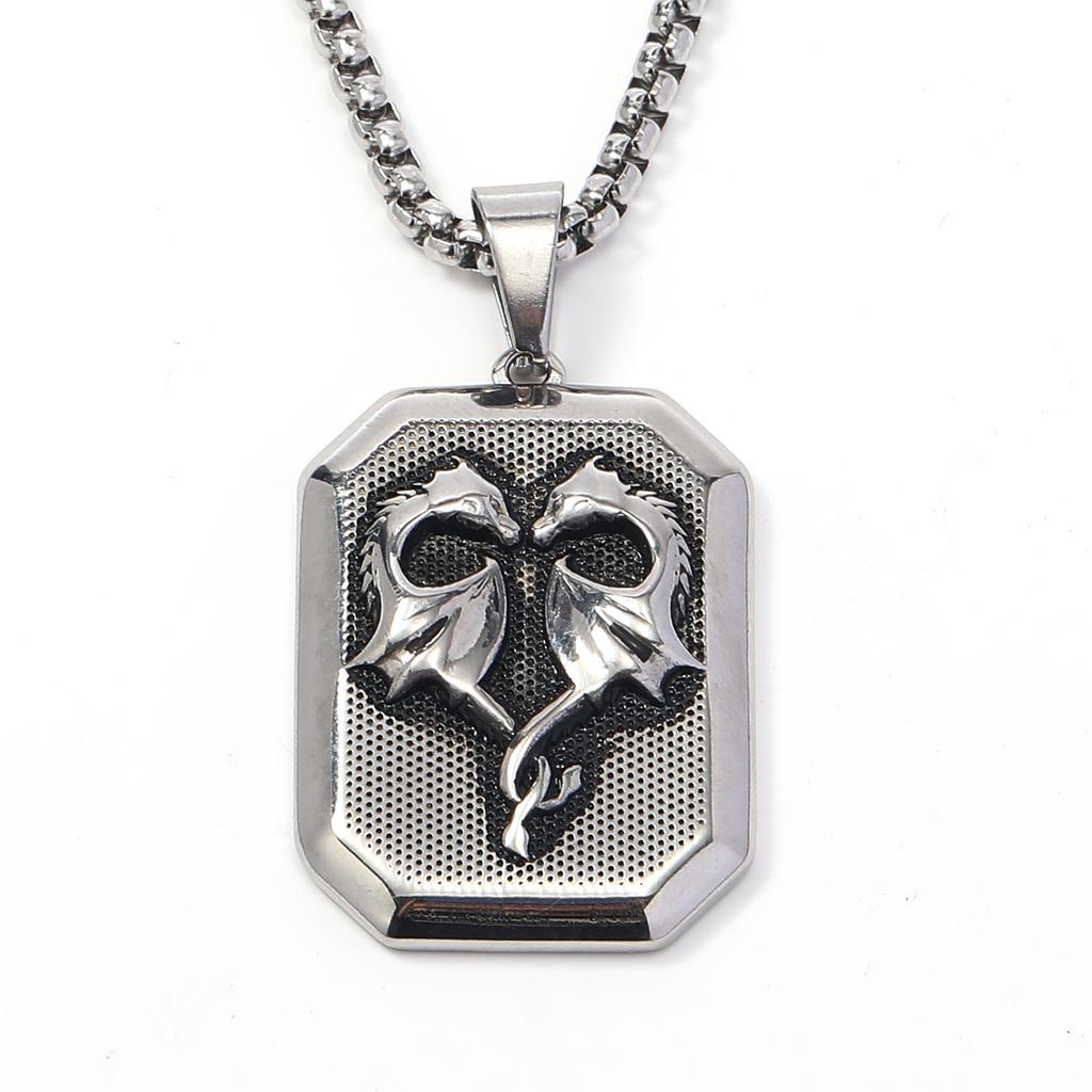 New Retro Punk Square Brand Double Dragon Titanium Steel Men's Pendant Ins Niche Fashion Street Trend Necklace