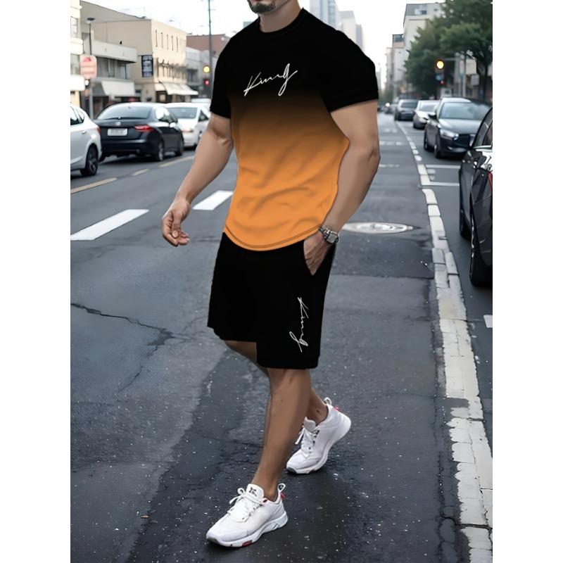 Men's Outfit, Gradient Color King Graphic Print Casual Crew Neck Short Sleeve T-Shirt & Shorts 2-piece Set For Summer Outdoor Activities