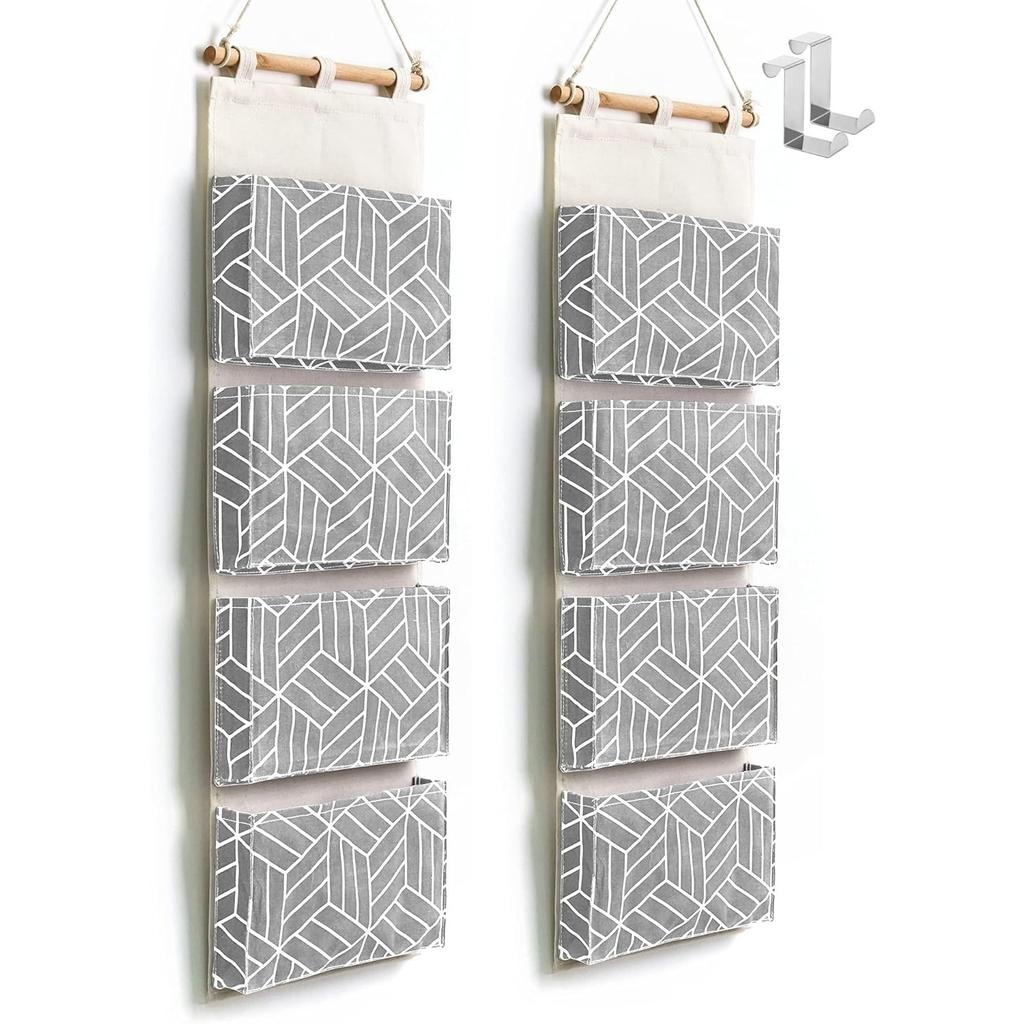 Over Door Hanging Storage Bags Wall Mount Closet Organizer, 4 Big Pockets Linen Cotton Fabric Living Room Bedroom Bathroom