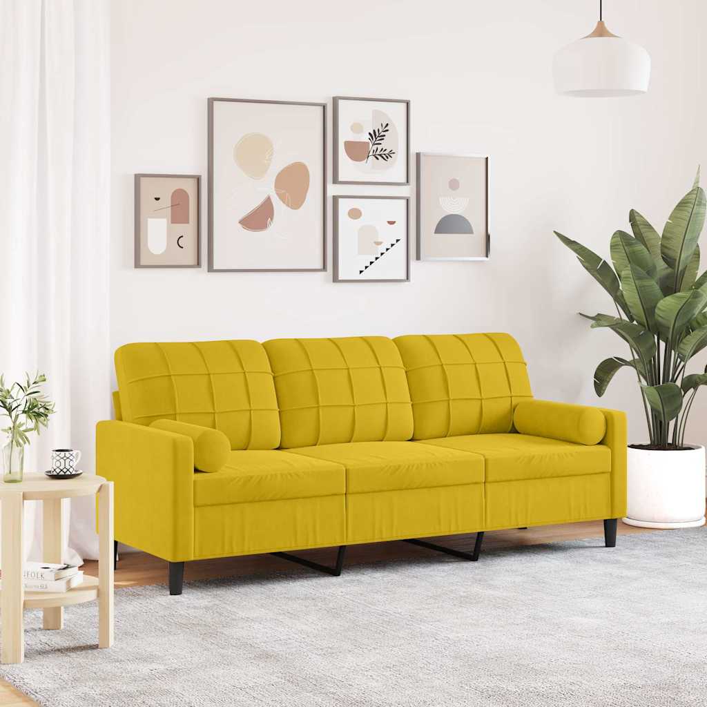 3 Seater Sofa with Decorative Cushions Yellow 180 cm Velvet