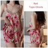 Summer Sexy Women's Pajama Set Lace Floral Pattern V-neck Women's Satin Suspender Shorts Pajama Set