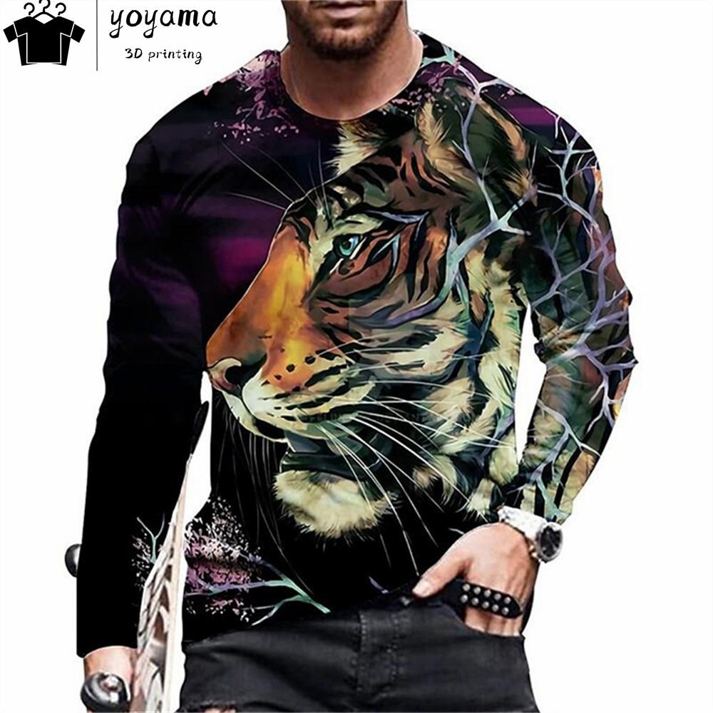 Футболки с принтом тигра Мужская одежда Модная мужская футболка с круглым вырезом и длинным рукавом Повседневная свободная мужская одежда с принтом тигра Топы