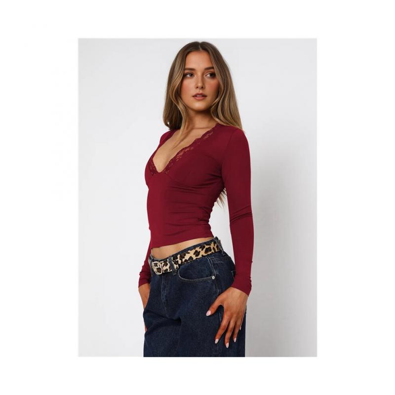 Damen Langarmshirts Ausgehen V-Ausschnitt Kurz Spitzen Mesh Eng Anliegende Shirts Weinrot S