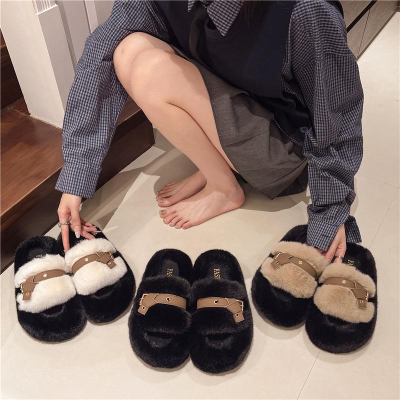 Модернизированная версия женских тапочек Мао Мао, осенне-зимняя новинка, интернет-знаменитость, мягкая подошва, пряжка на ремне, одно слово, тапочки Мао, домашние тапочки