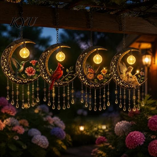 Crystal Tassel Hanging Decor Fairy Moon Wind Chime Pendant, Acrylic Ornament with Star Whimsical Forest & Decors for Garden Balcony Patio, Outdoor