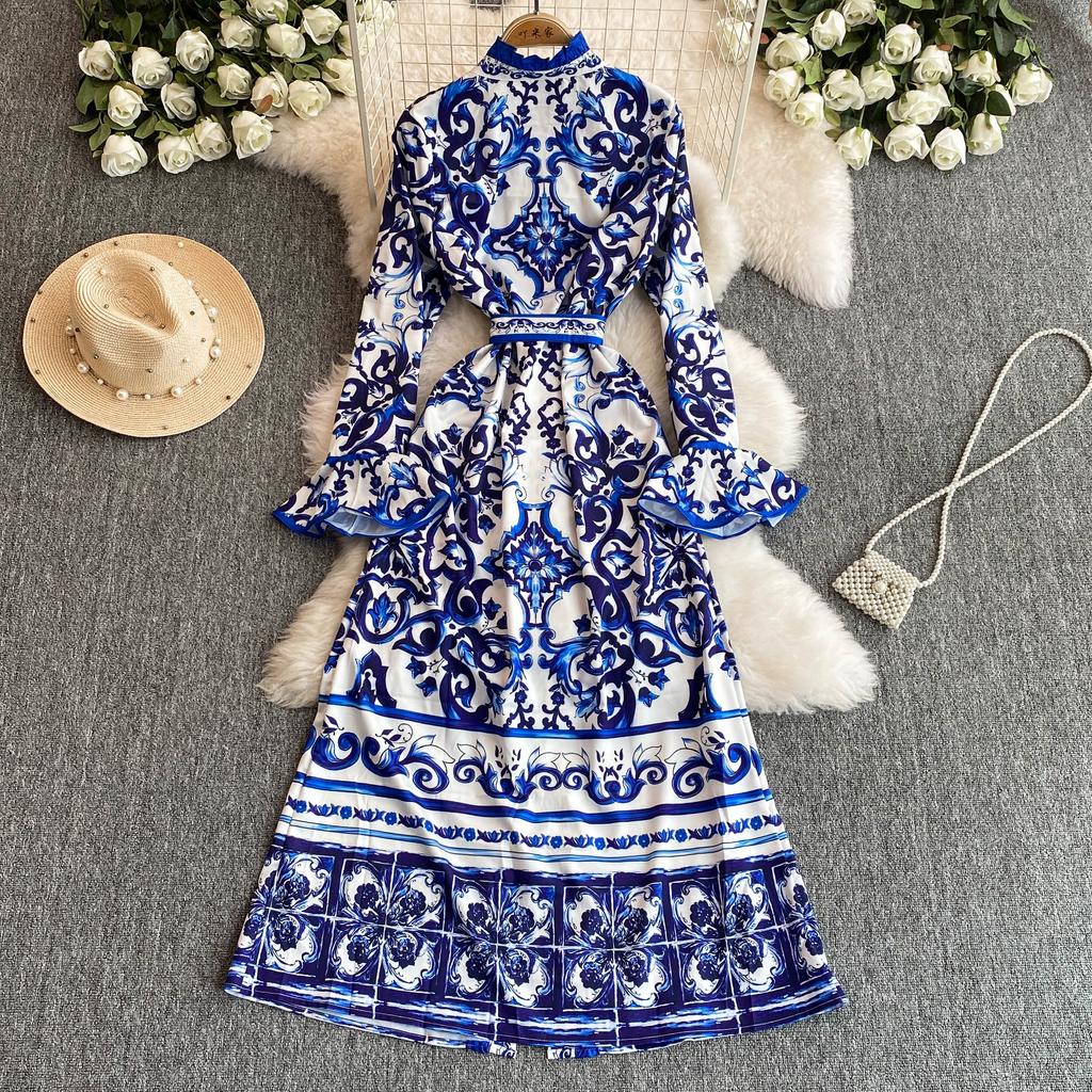 Весна-Осень, желтый, красный, синий и белый фарфоровый халат с принтом, женские вечерние платья с расклешенными рукавами и поясом на шнуровке