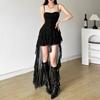Y2K Irregular White Midi Dress Women Gothic Spaghetti Straps Ruffles Black Dresses Summer Korean Fairy Holiday Vestidos
