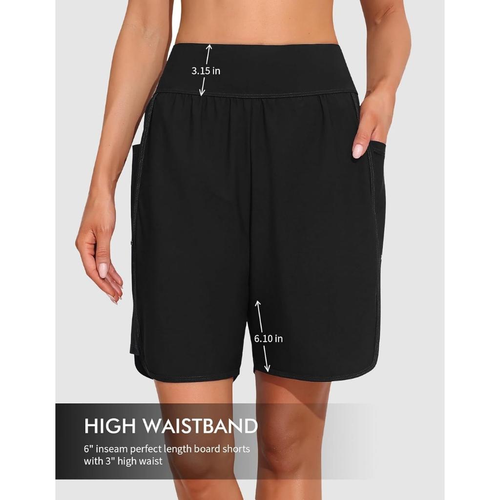 CHARMLEAKS Women's 6" Swim Shorts High Waisted Board Shorts with Pockets Quick Dry UPF50+ Swimsuit Bottoms Built-in Brief