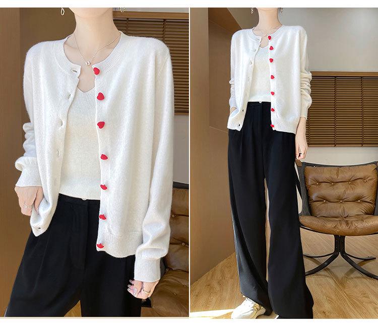 Women's 100% Wool Round Neck Long Sleeve Knit Cardigan with Cashmere Inner Layer